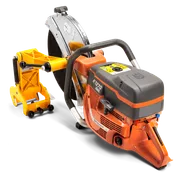 Side view of a Husqvarna power cutter with ergonomic handle and blade guard.