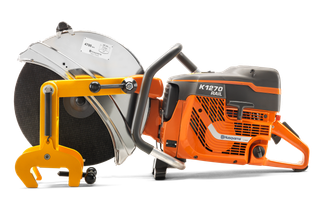 Side view of a Husqvarna K1270 Rail power cutter with a rail attachment.