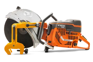 Side view of a Husqvarna K1270 Rail power cutter with a rail attachment.