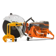 Side view of a Husqvarna K1270 Rail power cutter with a rail attachment.
