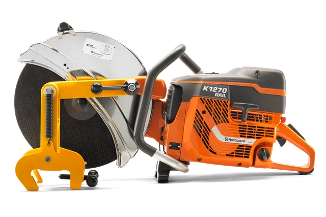 Side view of a Husqvarna K1270 Rail power cutter with a rail attachment.