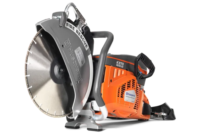 Side view of a Husqvarna K970 Rescue power cutter with a fire rescue blade.