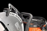 Close-up of a Husqvarna K970 Rescue power cutter, highlighting the 'Fire Rescue' label.