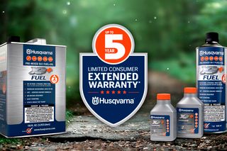 Husqvarna pre-mixed fuel and oil products with extended warranty offer displayed.