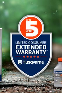 Husqvarna pre-mixed fuel and oil products with extended warranty offer displayed.