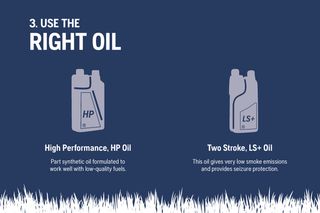 Illustration of two types of oil bottles: High Performance HP Oil and Two Stroke LS+ Oil, with descriptions.