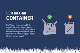 Instructional image highlighting the importance of using the right container for fuel storage, featuring a Husqvarna Combi Can.