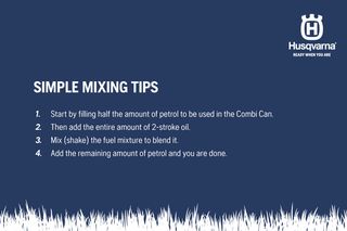 Instructions for mixing fuel in a Husqvarna Combi Can, including petrol and 2-stroke oil.