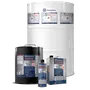 Front view of various Husqvarna fuel containers, including a large drum and smaller cans.
