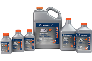 Front view of various Husqvarna synthetic blend 2-stroke oil containers.