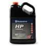 Front view of a Husqvarna HP synthetic blend 2-stroke oil container.