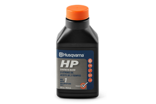 Front view of a Husqvarna HP synthetic blend 2-stroke oil bottle.