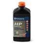 Front view of a Husqvarna HP synthetic blend 2-stroke oil bottle.