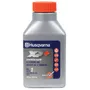 Front view of a Husqvarna synthetic blend 2-stroke oil bottle with product details visible.
