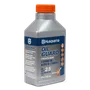 Front view of a Husqvarna Oil Guard synthetic blend 2-stroke oil bottle.