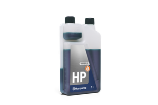 Vue de face d’un bidon d’huile HP Husqvarna avec repères de mesure.