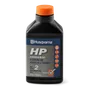 Front view of a Husqvarna HP synthetic blend 2-stroke oil bottle.