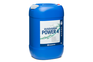 Framifrån av en Husqvarna Power 4-behållare med etikett om 25 liters kapacitet.