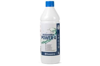 Husqvarna Power 4 1L pudeles priekšējais skats ar produkta informācijas etiķeti.