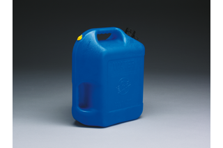 Side view of a plastic fuel container with a handle and spout.