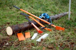 Various forestry tools including axes and wedges placed on grass next to a cut tree log.