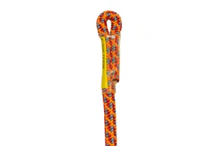 Close-up of a colorful braided rope with a protective sleeve.