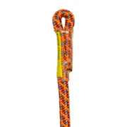 Close-up of a colorful braided rope with a protective sleeve.