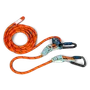 Climbing rope with carabiners and a pulley system, coiled and ready for use.