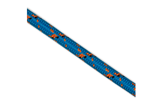 Vista de perto de uma corda azul com manchas laranja, exibindo sua textura.
