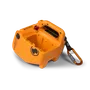 Top view of a safety device with a carabiner attached, featuring a control button and a logo.