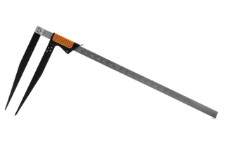 Side view of a metal measuring tool with two prongs and a long ruler.