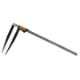 Side view of a metal measuring tool with two prongs and a long ruler.