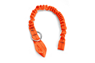 Studio image of an orange elastic strap with metal rings, shown from top view.
