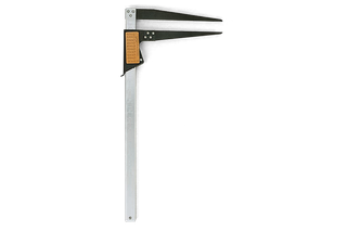 Front view of a construction tool with a long handle and adjustable metal arms.