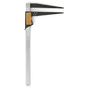 Front view of a construction tool with a long handle and adjustable metal arms.