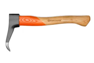 Side view of a Husqvarna timber hook with a wooden handle.