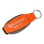 Top view of a Husqvarna keychain with branding and weight specification.