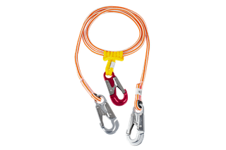 Top view of a safety lanyard with dual locking carabiners.
