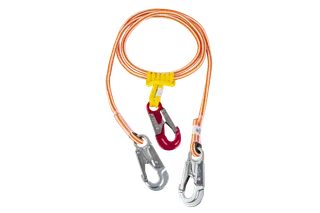 Top view of a safety lanyard with dual locking carabiners.