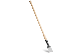 Front view of a garden hoe with a wooden handle and metal blade.