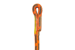 Close-up view of an orange and gray braided rope with a looped end.