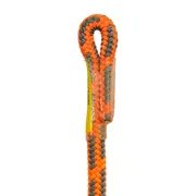 Close-up view of an orange and gray braided rope with a looped end.