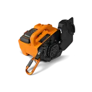 Vista superior de um produto de construção Husqvarna com um mosquetão incluído.