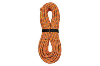 Coiled climbing rope with a black strap securing it.