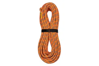 Coiled climbing rope with a black strap securing it.