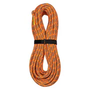 Coiled climbing rope with a black strap securing it.