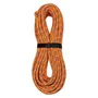 Coiled climbing rope with a black strap securing it.