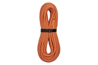 Coiled climbing rope with a black strap for securing.