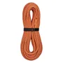 Coiled climbing rope with a black strap for securing.