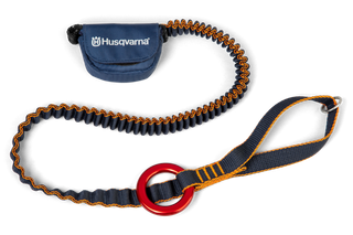 Cordão para ferramentas Husqvarna com anel vermelho e corda elástica, concebido para fixação segura de ferramentas.